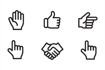 Simple line icons of hand gestures including peace sign, handshake, tap, and pointer in clean vector style for interaction and communication use
