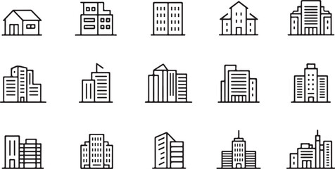 Vector icon collection of traditional and modern buildings including residential homes, towers, and religious landmarks