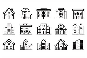 Minimalist architecture icon set with city buildings, apartments, and commercial offices in clean black outline design