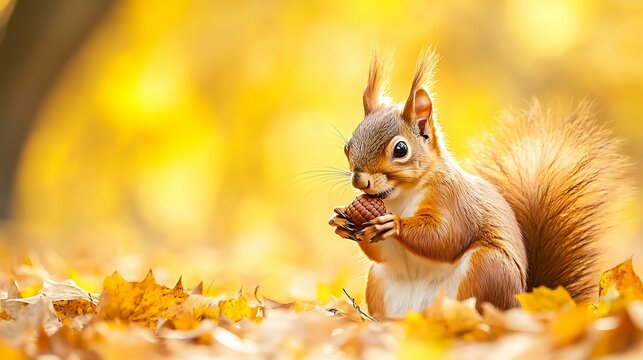 Red squirrel holds with its paws and gnaws an acorn in yellow leaves in an autumn park in sunny weather