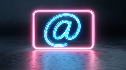 Fototapeta premium Pink and Blue Email Technology Concept with @ symbol as a neon light. Vibrant colored icon, on a black background with high tech floor. 3D Render 