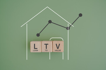 For real estate investment , home insurance and real estate protection concept.  LTV, loan to value,  text on wooden cube block, graph and house icon with green background