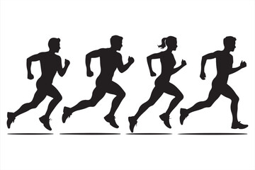 Speed silhouette icons of runners – fast moving athletes with dynamic motion trails in a high-contrast vector design
