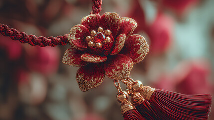 Close up of a luxurious red and gold floral ornament with detailed embellishments.