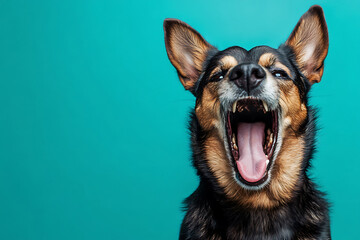 Close up of a yawning dog showing teeth and pink tongue against vibrant turquoise background