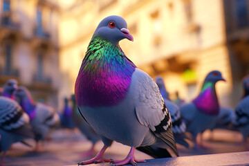 Close up view of a vibrant pigeon in an urban street setting