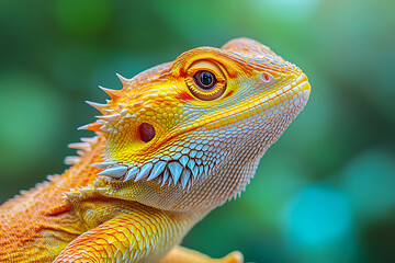 Close up portrait of a vibrant yellow and orange bearded dragon in soft focus