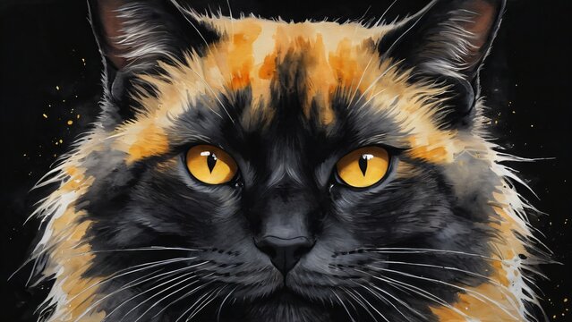 Stunning Watercolor Portrait of a Cat with Striking Golden Eyes, Watercolor painting depicting a close-up view of a cat with vibrant golden eyes against a dark background.