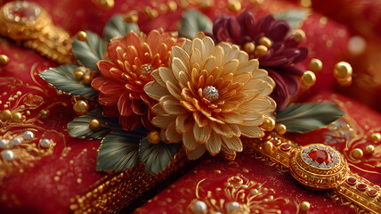 Close-up of ornate floral decoration with red and gold colors luxurious design