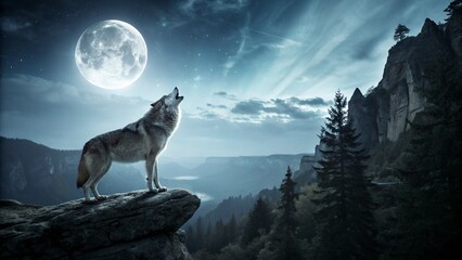 Epic Wolf Howling Beneath Full Moon in Fantasy Landscape