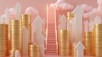 Stairway flanked by stacks of coins and upward arrows, symbolizing financial growth.