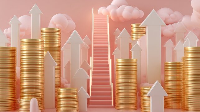 Stairway flanked by stacks of coins and upward arrows, symbolizing financial growth.