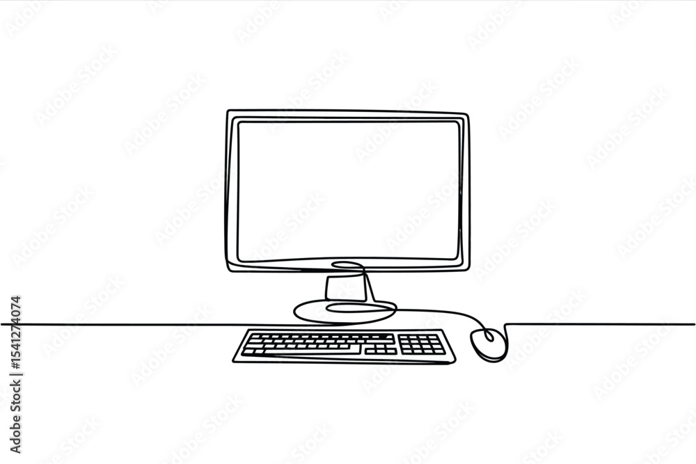 Poster single line drawing of computer desktop setup