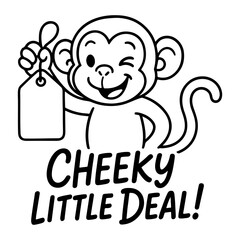 Cheeky Little Deal Winking Monkey Holding a Price Tag Outline Vector Illustration for Sales, Discounts, and Playful Promotions