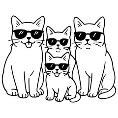 Cool Cats Family Group of Felines Wearing Sunglasses Outline Vector Art