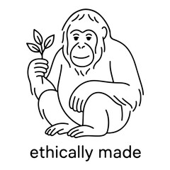 Ethically Made Orangutan Holding a Leaf Outline Vector Illustration for Sustainable Products and Environmental Awareness