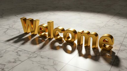 Welcome Sign in Golden Letters on Polished Marble Floor with Elegant Lighting - Powered by Adobe