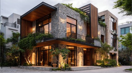 Fototapeta premium Modern Two-Story House with Stone Facade and Wooden Accents