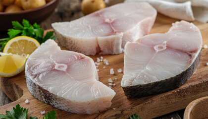 Fresh Raw Swordfish Steaks on Cutting Board with Lemon and Parsley