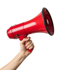 A hand holding a bright red megaphone angled upward against a black background isolated on a transparent background