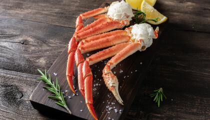 Fresh Snow Crab Leg Clusters Served with Lemon Wedges and Sea Salt on Rustic Wooden Board