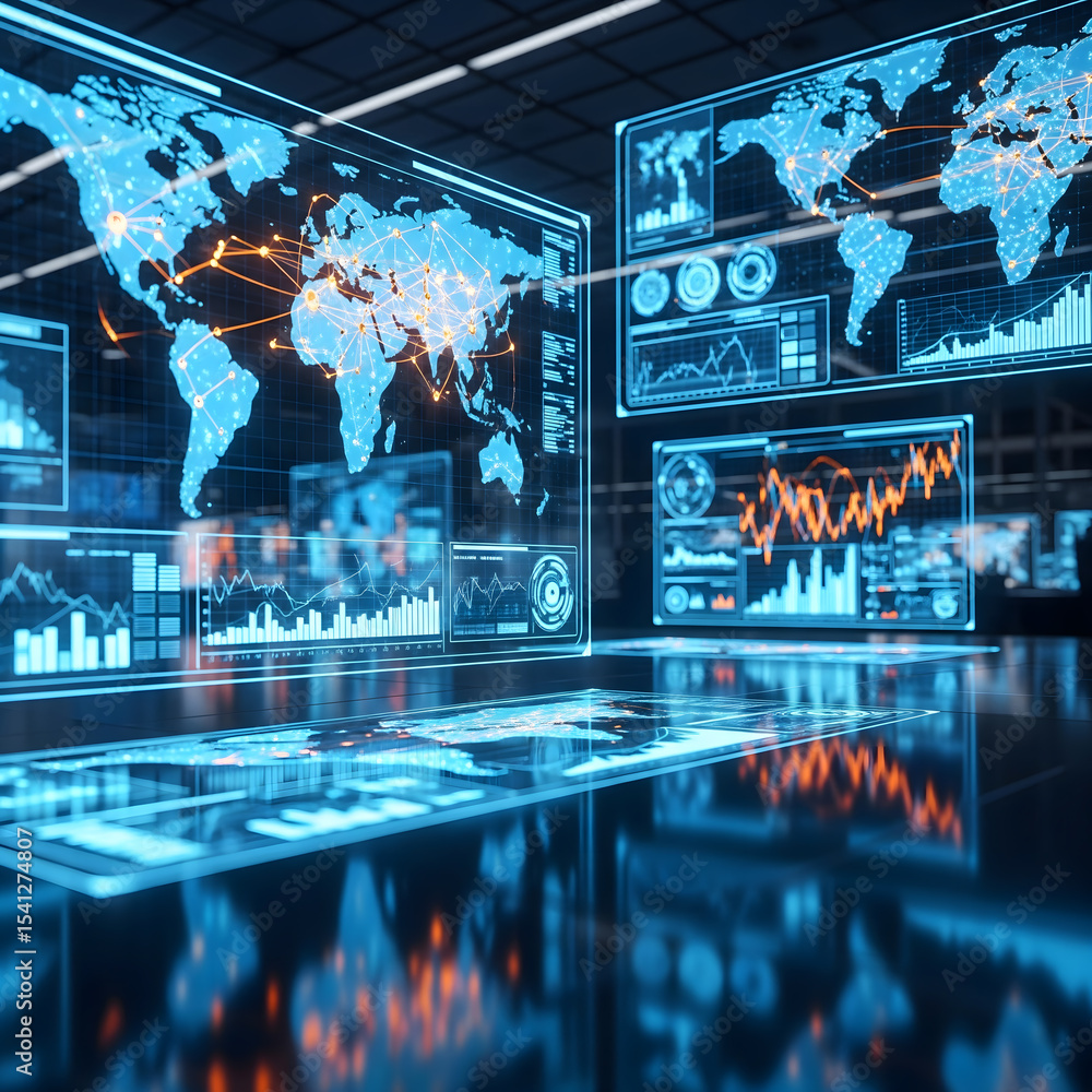 Poster a vibrant, futuristic digital interface displays global network maps, data charts, and glowing infor