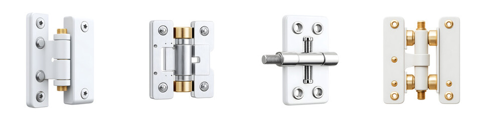 Fototapeta premium A collection of various door hardware and hinges long title This image showcases an assortment of metal door hinges and security hardware