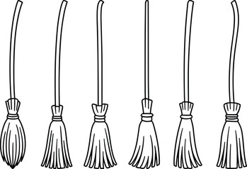 Set of Hand Drawn Broomstick Line Art – Traditional Cleaning Tools Vector Illustration
