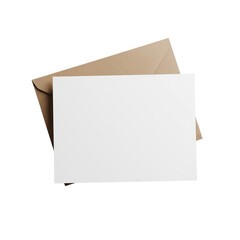 Blank white card partially covered by a light brown kraft paper envelope isolated on a transparent background