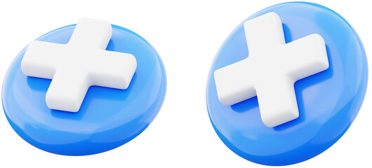 Two glossy blue circles feature white plus signs conveying addition or medical concepts in a 3D render