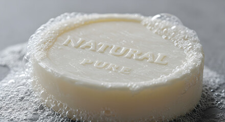 Round soap bar embossed with NATURAL PURE encircled by suds on a gray surface