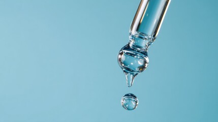 A dropper releasing a clear liquid drop against a light blue background