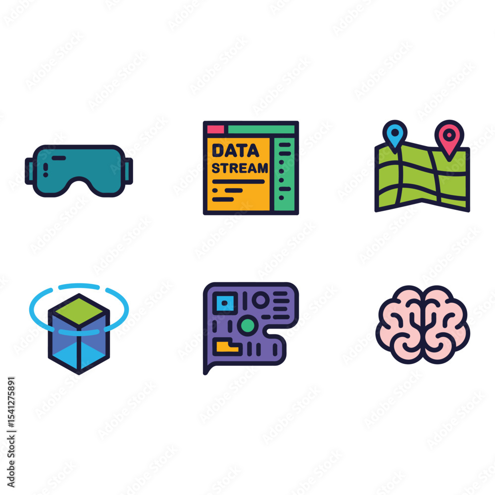 Poster virtual reality and data stream icons isolated on white background