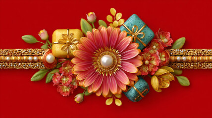 Obraz premium Floral arrangement with gifts and jewelry on a red background for decorative designs