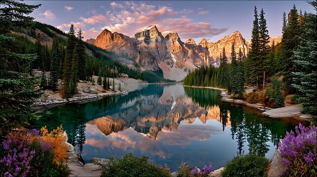 Scenic moraine lake mountain sunset view high resolution photo