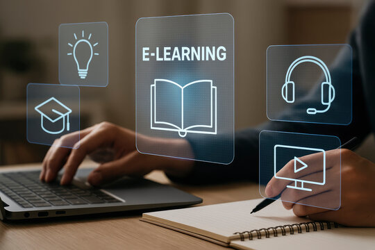 Person Engaged in E-Learning with Laptop and Notebook, Surrounded by Digital Icons for Online Education and Knowledge Acquisition
