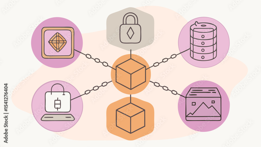 Poster illustration of a blockchain network connecting diverse data points and security measures together o