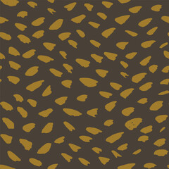 Abstract fish scales like minimalist design forming an animal print pattern in colors of ochre yellow on dark brown background. Simple seamless vector pattern. Great for home decor, fabric, wallpaper.