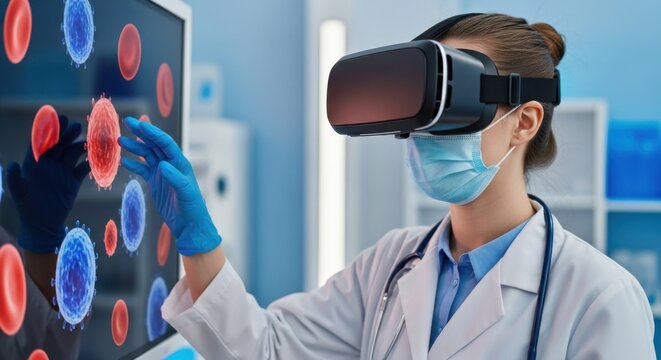 Female doctor using vr technology to analyze virus cells