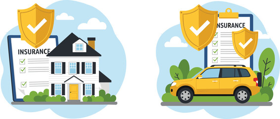 Obraz premium Flat Design Illustration of Home and Car Insurance Protection with Shield Symbols flat vector illustration
