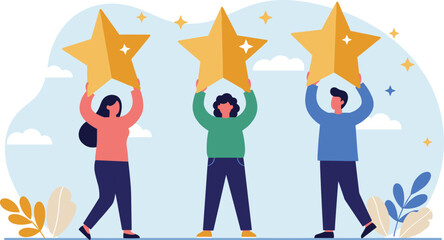 Flat Design Illustration of People Holding Stars to Symbolize Achievement and Success flat vector illustration