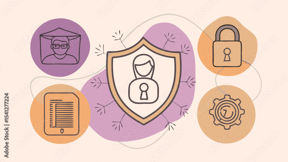 Poster illustration of a shield with a person icon and other security related icons in circles around it