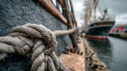 Fototapeta premium Close-up image of a rope securing a ship, shown beside the vesselâ€™s hull for maritime detailing