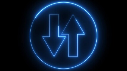 direction up and down arrow icon animation glowing neon blue color road sign information traffic signal moving road side sign symbol on black background