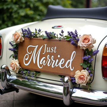 Fototapeta Boho Wedding Car Decor - Handmade 'Just Married' Sign with Pressed Florals on White Vintage Car