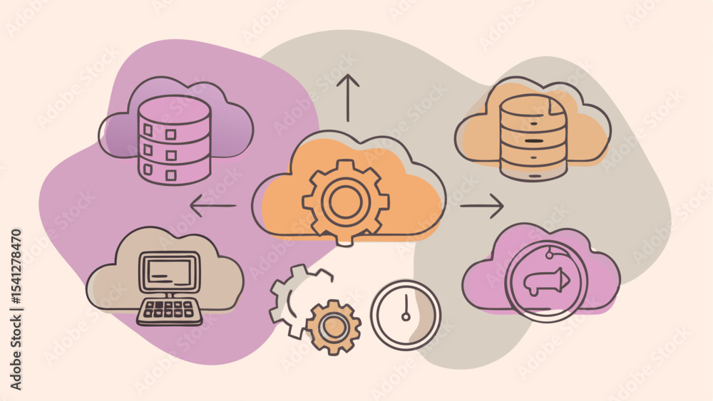 Poster illustration showing cloud computing network with databases, gears, and computer device icons