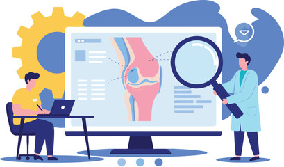 Medical Illustration of Doctors Analyzing a Knee Joint with a Magnifying Glass on a Computer Screen flat vector illustration
