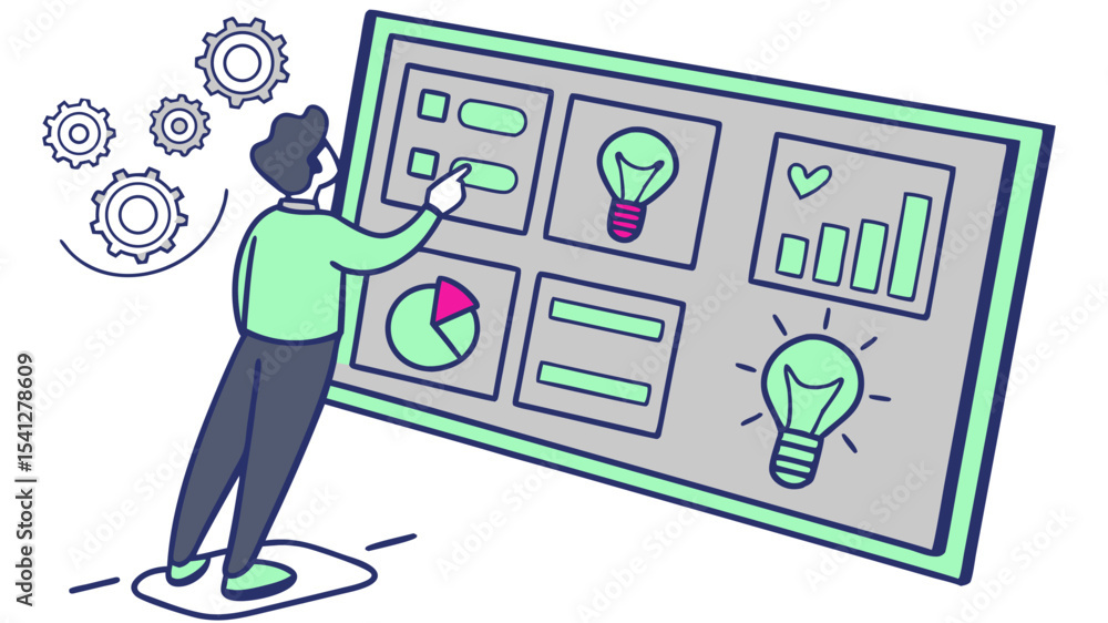 Poster man interacting with a dashboard displaying graphs charts and lightbulbs with gears above his head