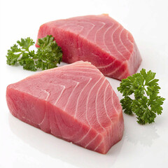 Gourmet tuna steaks on a pure white surface, emphasizing their culinary appeal