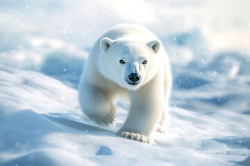 Majestic polar bear approaching in snowy landscape winter scene with fluffy white fur